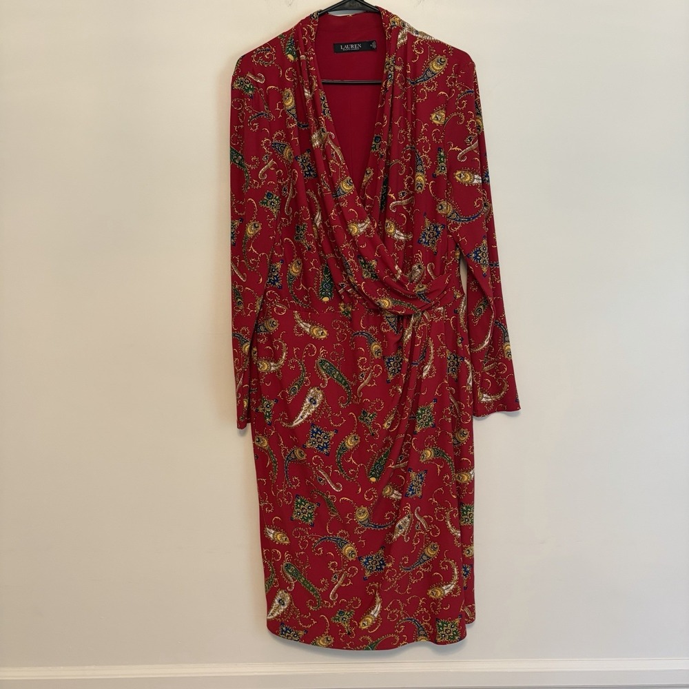 Lauren Ralph Lauren Wrap Dress 16 Paisley Print Long Sleeve Knee Length Classic